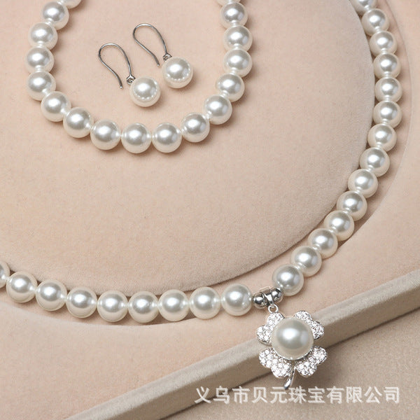 Elegant 3pcs/set 8mm Shell Pearl Round Beads Statement Necklace Earrings Bracelet Jewelry Sets Fashion Women Wedding Party Accessory