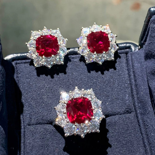 Super Flash Full Diamond Jacinth Open Adjustable ring for women Fashion Elegant Personality Princess Square Earrings Jewelry Set