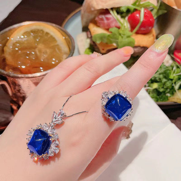 Fashion Design Sterling 925 Silver Color Simulation Sapphire Princess Cut Zirconia Lady Wedding Engagement Banquet Jewelry Sets