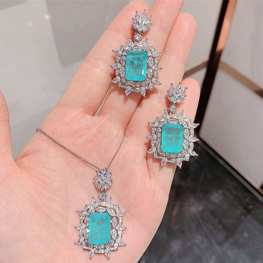 Luxury Women Zircon Square Blue Crystal Emerald Earrings Temperament Women's Wedding Bride Sterling Silver Earrings Jewelry Gift