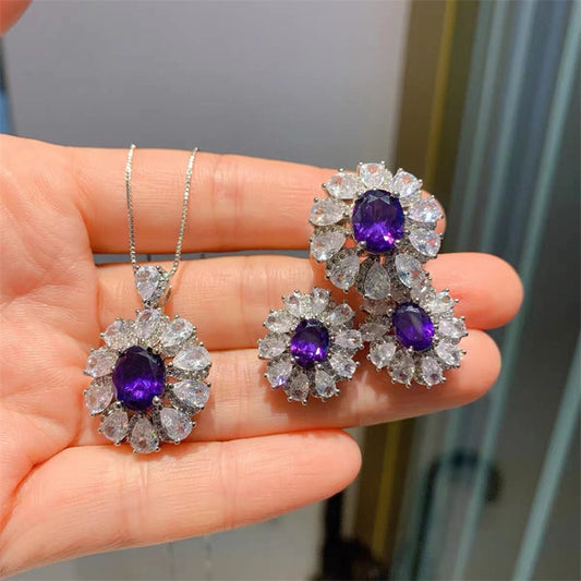 Luxury Purple Cubic Zirconia Necklace Earrings Big Oval Rings for Women Resizable Piercing Jewelry Set Wedding Engagement Gift